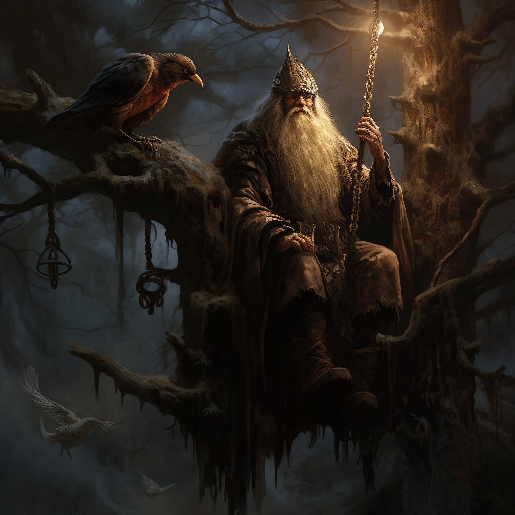 Odin, the AllFather of Norse ritual and magic sitting upon Yggdrasil with his raven