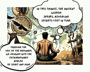 Comic book-style illustration of a shaman in a meditative state surrounded by shamanic totems and chaos magic elements, symbolizing the fusion of ancient shamanic practices and modern chaos magic