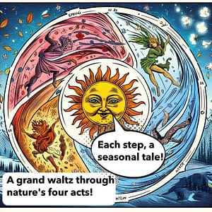 Sun dancing across a rotating floor representing Spring, Summer, Autumn, and Winter."