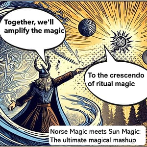 Norse magician and the Sun conjuring a vortex of magical energy with symbols of four cardinal points