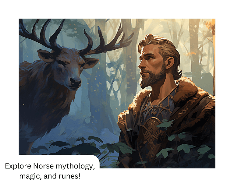 A Norse Magician stands in a forest, surrounded by trees and animals.