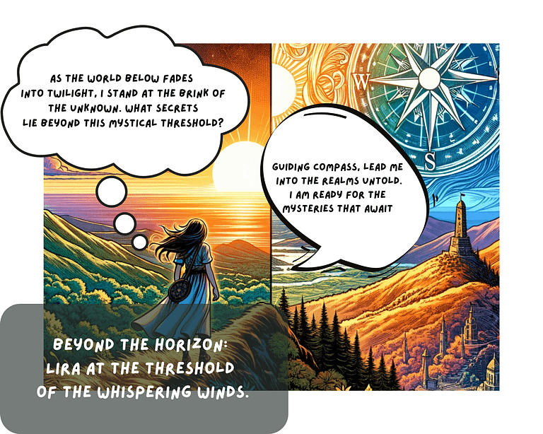 Lira standing atop the Hill of Whispering Winds at sunset, with a mystical compass pointing towards a hidden realm, symbolizing discovery and transition.