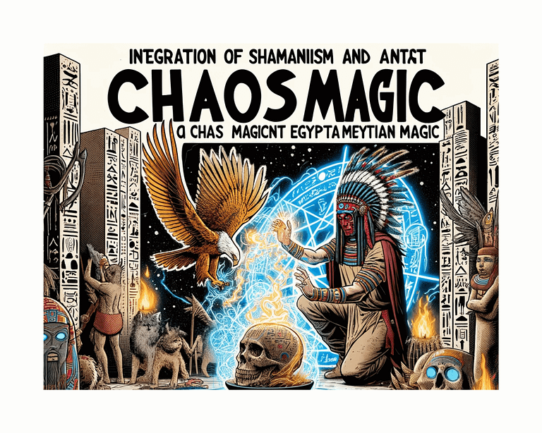 Comic book-style illustration of a chaos magician performing a ritual with shamanic totems and Egyptian hieroglyphs, highlighting the integration of ancient and modern magic practices in full natural colors.