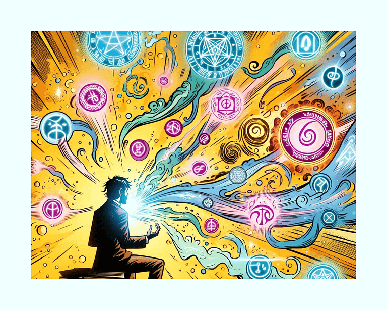 Lighter comic book-style illustration of a chaos magician in a ritual, surrounded by sigils and mystical energies in a vibrant color palette.