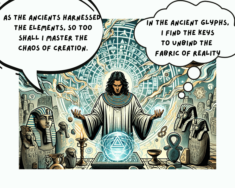 Comic book-style illustration of a modern chaos magician performing a ritual, surrounded by ancient Egyptian symbols like ankhs and pyramids, depicted in detailed line art with full natural colors.