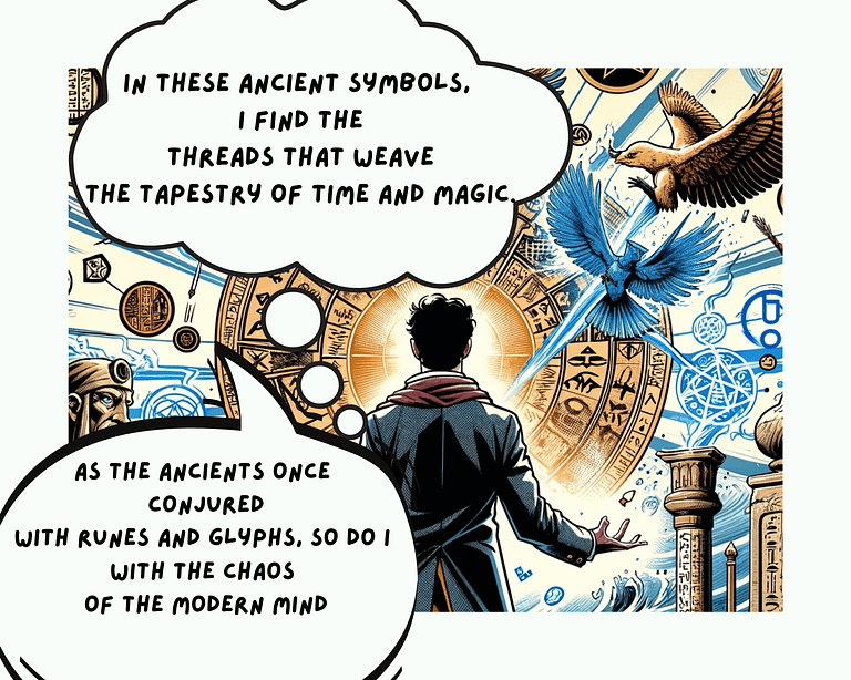 Comic book-style illustration of a chaos magician merging ancient runes, Egyptian hieroglyphs, and modern sigils, symbolizing the blend of historical and contemporary magic