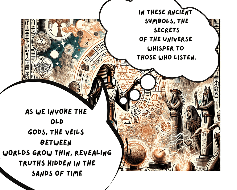 Comic book-style illustration of an Egyptian priest conducting a magical ritual with ancient Egyptian symbols, integrating elements of chaos magic, portrayed in detailed line art and full natural colors.