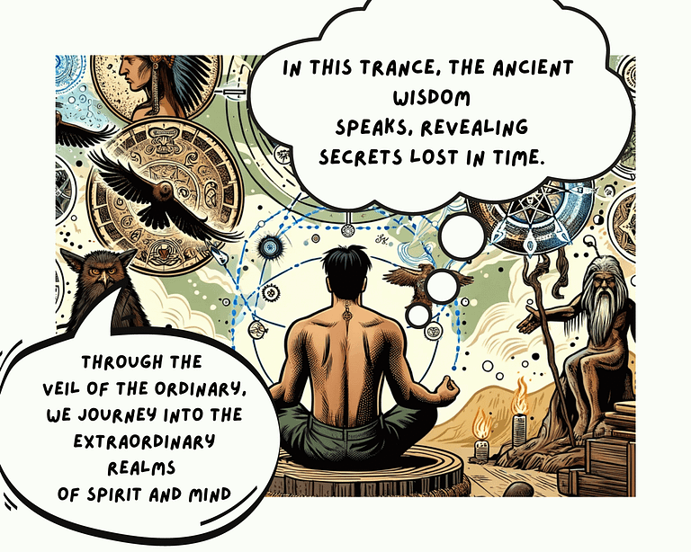 Comic book-style illustration of a shaman in a meditative state surrounded by shamanic totems and chaos magic elements, symbolizing the fusion of ancient shamanic practices and modern chaos magic