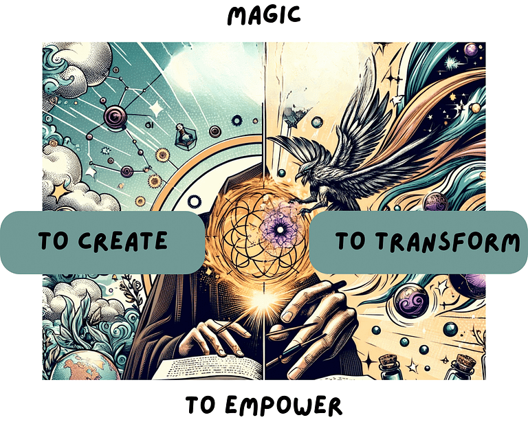 Mage actively engaging in magical self-exploration, casting a transformative spell amidst mystical symbols, embodying the power of creation and empowerment