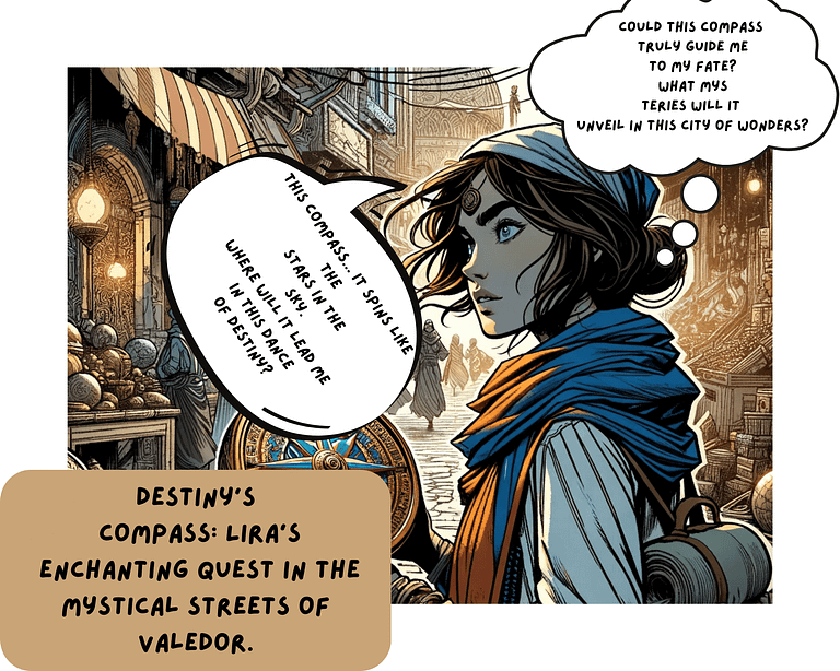 mage of Lira holding a mystical compass in the bustling market streets of Valedor, with vendors and magical items in the background, symbolizing a journey of fate and discovery.