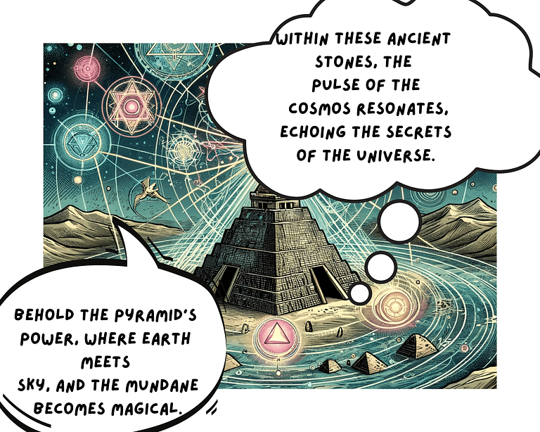 Comic book-style illustration of a mystical pyramid emitting energy, surrounded by sacred geometry and chaos magic symbols, under a celestial alignment, in detailed line art and full natural colors.