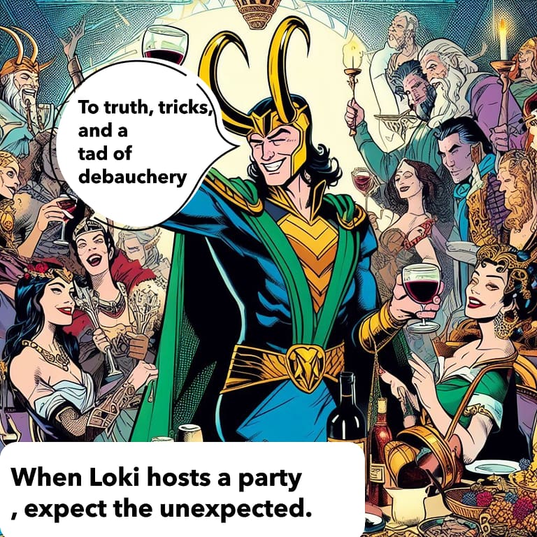 Comic depiction of Loki toasting at a lively Norse feast with gods and goddesses celebrating in the background.