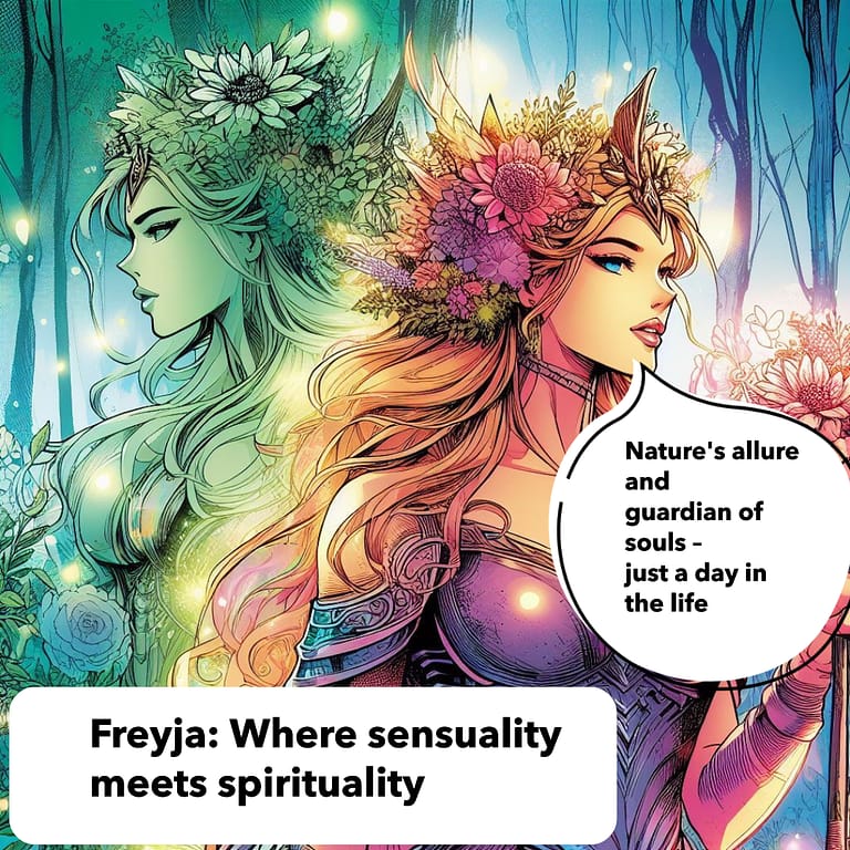 Illustration of Freyja in a vibrant forest, with a speech bubble stating, 'Nature's allure and guardian of souls – just a day in the life.