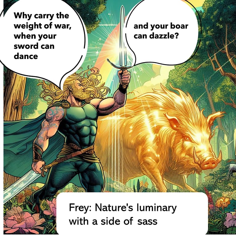 A comic panel of the Norse god Frey in a vibrant forest, proudly displaying a self-fighting sword while accompanied by a radiant golden boar, with a caption remarking on his sassy nature.