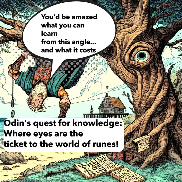 Odin hanging upside-down from the World Tree, Yggdrasil, with a rune-covered scroll; a missing eye socket on the ground below and a distant bookshop titled 'Magick for Beginners