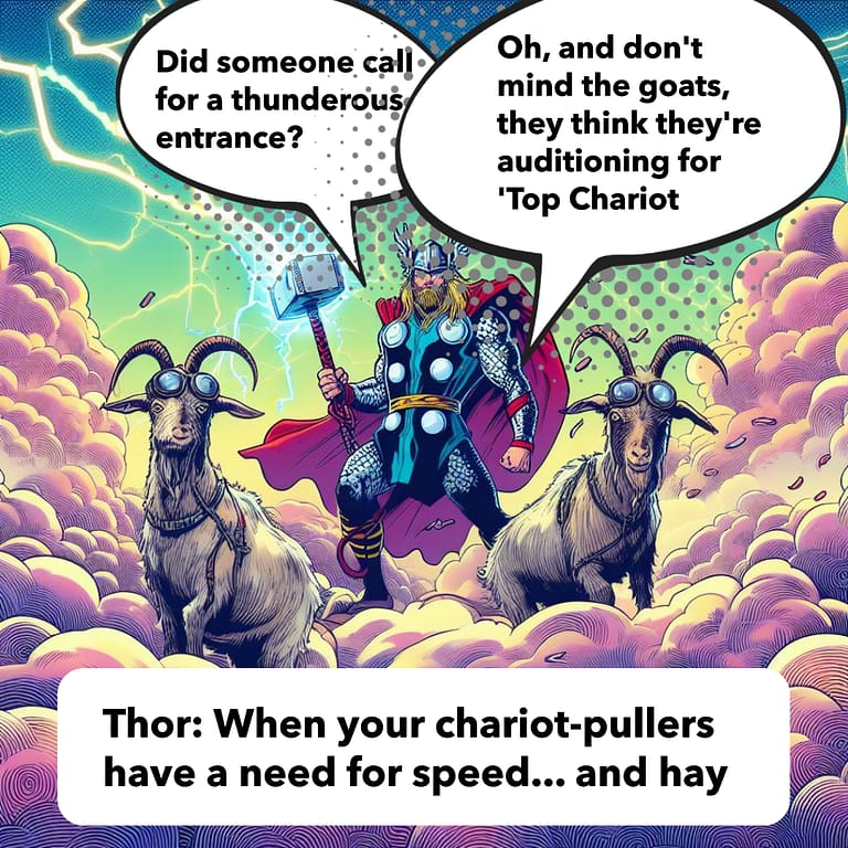 Comic panel of Thor with his hammer Mjollnir, surrounded by stormy clouds, with his chariot pulled by two goats wearing aviator goggles in the background