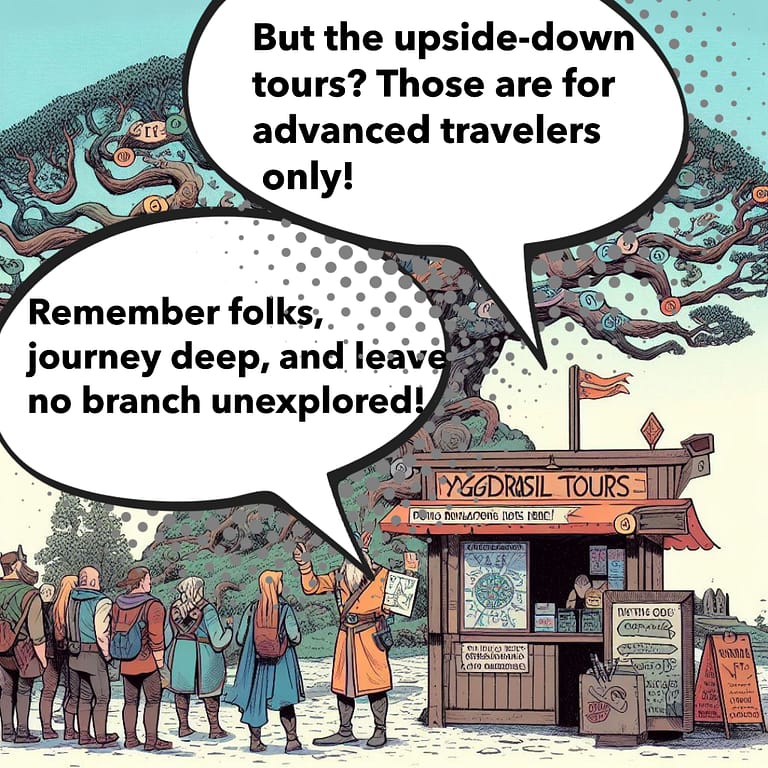 Odin, dressed as a tour guide, stands at a kiosk labeled 'Yggdrasil Tours' at the base of the grand World Tree, offering a map of the nine realms to a line of eager tourists. A sign overhead advertises upside-down tours for the daring.
