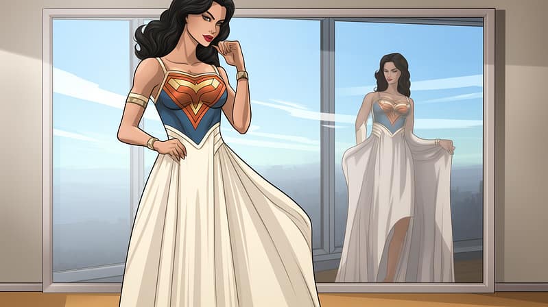 A woman looks into a mirror and sees herself as a superhero