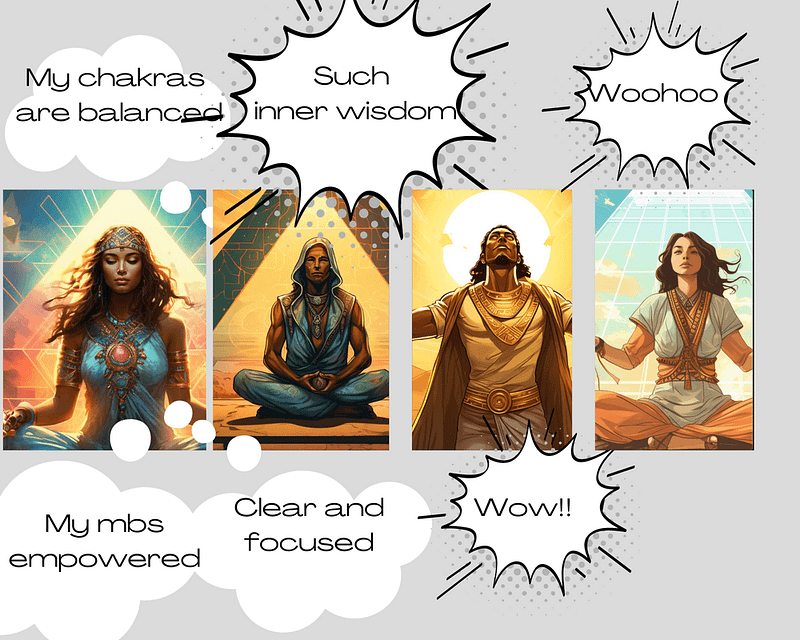 4 panel comic strip of chakra balancing meditation