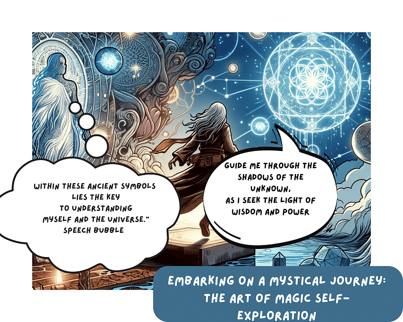 Chaos mage embarking on a magical self-exploration journey, amidst ancient symbols, depicting the essence of discovering one's magical potential."