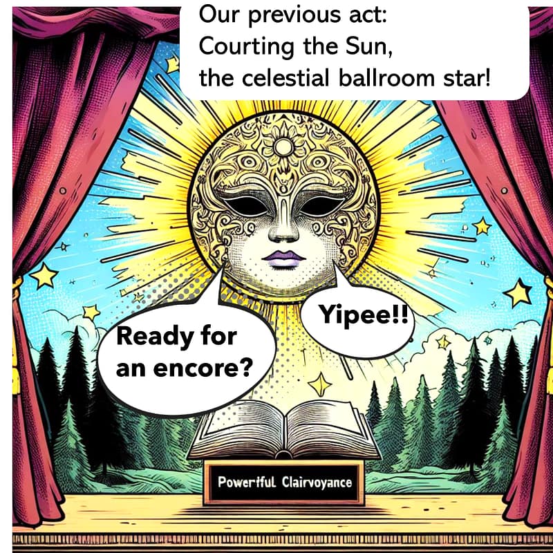 Stage with 'Powerful Clairvoyance' book on a pedestal and a descending radiant Sun wearing a mask