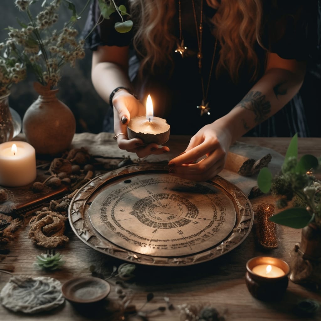 A  table with various objects on it, including candles, herbs, and crystals. New Moon Magic