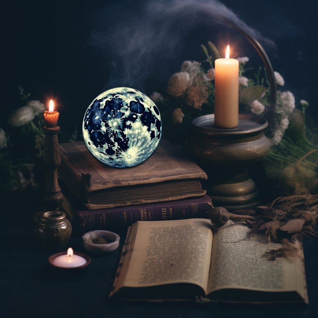 New Moon magic - Grimoires, Burning Candles and a luminous crystal ball signifying the planet